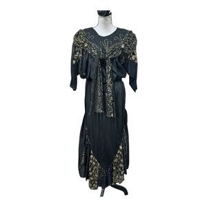 Vintage Amor Black Silk Gothic Glam Skirt & Top Set L India Gold Beading